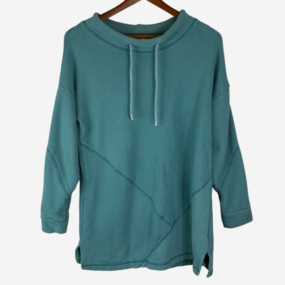 Soft Surroundings Drawstring Neck Tunic Top Size M Cotton Knit Teal Blue